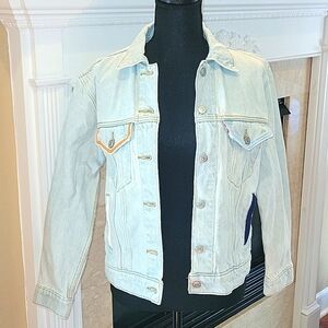 LEVIS STRAUSS & CO LIghtwashed Denim Graphic Jean Jacket Orange Navy Blue sz sm